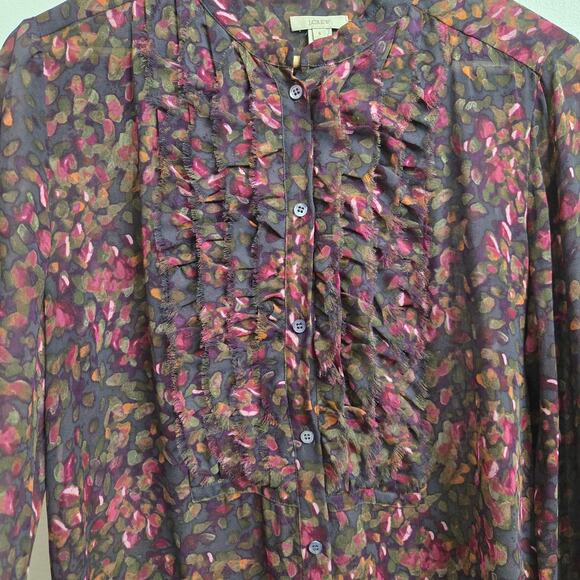 J.Crew Women Whimsigoth Romantic 2010s Sheer Silk Floral Ruffle Button-Up Top 8 - Picture 5 of 11
